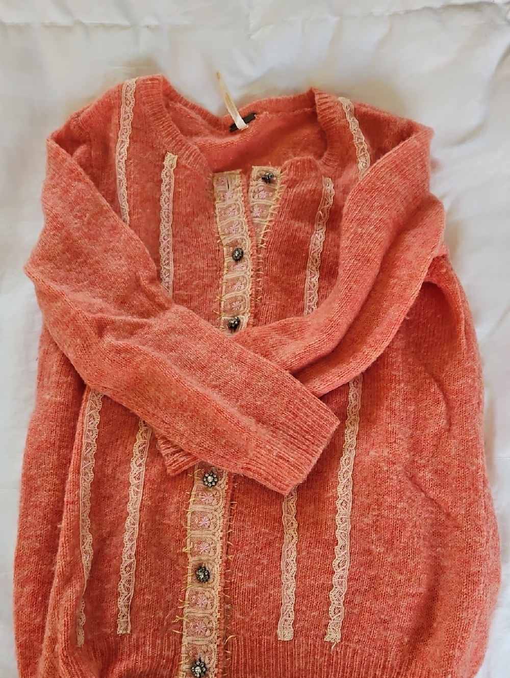 Free People Coral Lace-Trim Button Cardigan